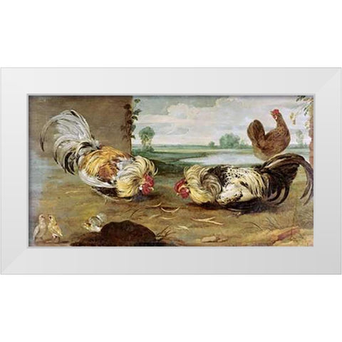 A Cock Fight White Modern Wood Framed Art Print by Snyders, Frans