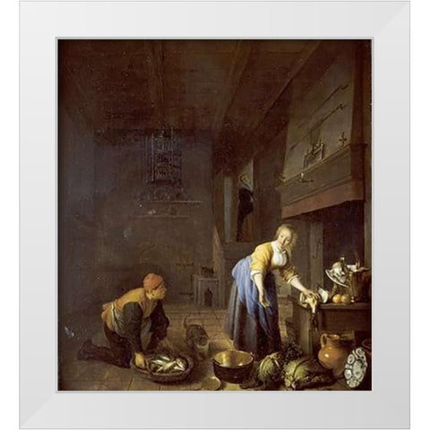 A Kitchen With a Kitchen Maid White Modern Wood Framed Art Print by Sorgh, Hendrik Martensz