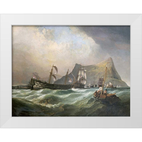 Neptune, Towing The Victory Into Gibraltar Harbour After The Battle of Trafalgar White Modern Wood Framed Art Print by Stanfield, Clarkson