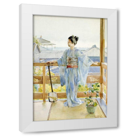 Geisha Standing On a Balcony White Modern Wood Framed Art Print by Stern, Anton Alois