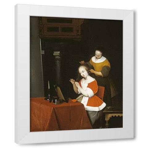 A Young Lady Having Her Hair Combed By a Maid White Modern Wood Framed Art Print by Ter Borch, Gerard