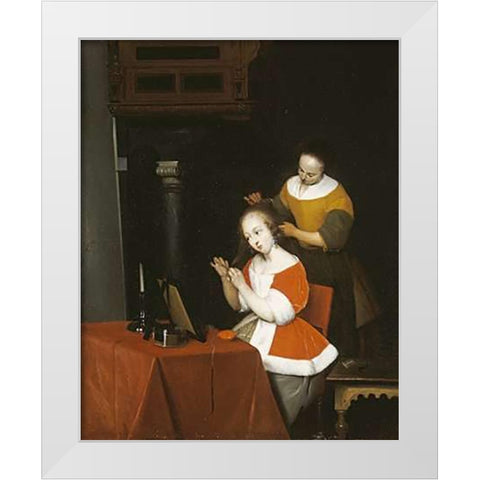 A Young Lady Having Her Hair Combed By a Maid White Modern Wood Framed Art Print by Ter Borch, Gerard