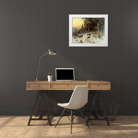 Deer In Winter Wooded Landscape White Modern Wood Framed Art Print by Thiele, Arthur Julius