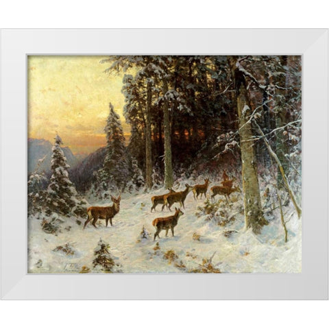 Deer In Winter Wooded Landscape White Modern Wood Framed Art Print by Thiele, Arthur Julius