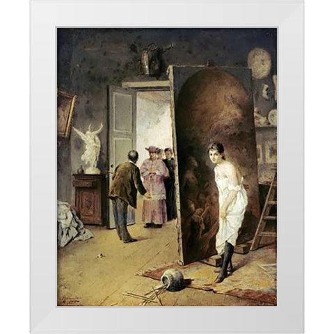 The Studio Visitor White Modern Wood Framed Art Print by Toro, Antonio Herrera