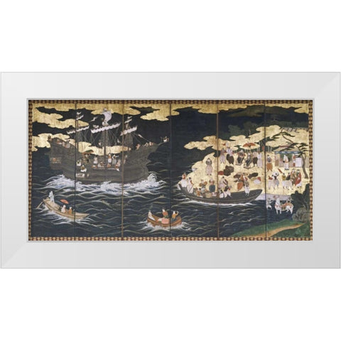 Arrival of The Southern Barbarians White Modern Wood Framed Art Print by Unknown