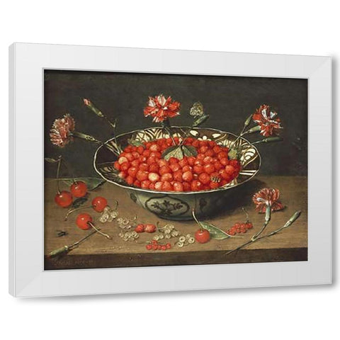 Strawberries In a Bowl White Modern Wood Framed Art Print by Van Hulsdonck, Jacob