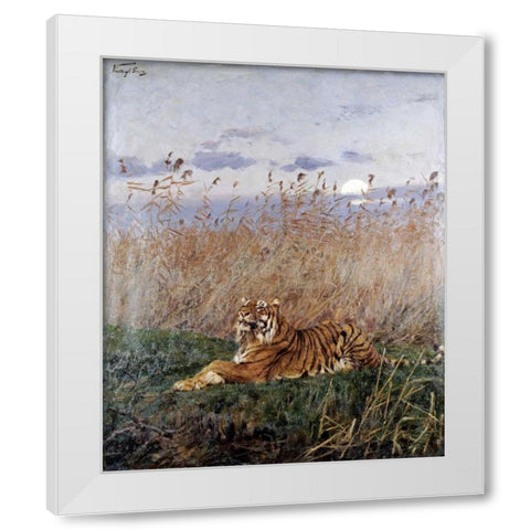 Tiger In The Rushes White Modern Wood Framed Art Print by Vastagh, Geza