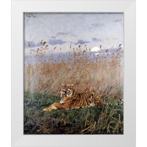 Tiger In The Rushes White Modern Wood Framed Art Print by Vastagh, Geza
