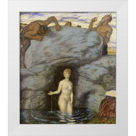 Quellnymphe Von Faunen Belauscht White Modern Wood Framed Art Print by Von Stuck, Franz