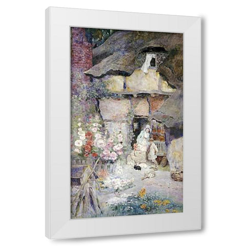 A Mother and Children Feeding Rabbits White Modern Wood Framed Art Print by Woodlock, David