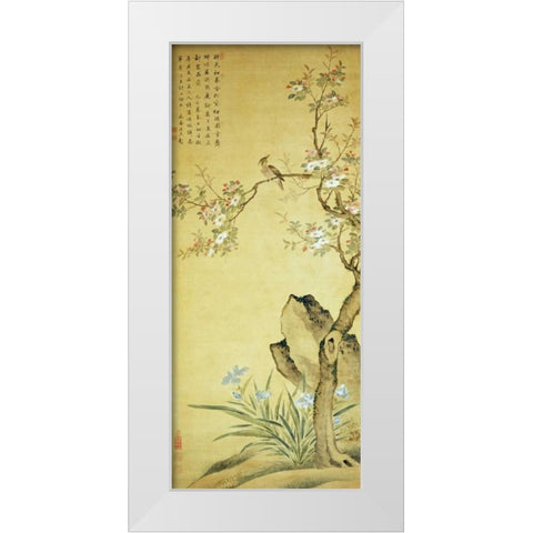 A Bird Standing On a Peach Blossom Tree White Modern Wood Framed Art Print by Wu, Wang