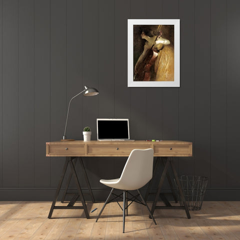 A Ray of Sunlight - The Cellist White Modern Wood Framed Art Print by Alexander, John White
