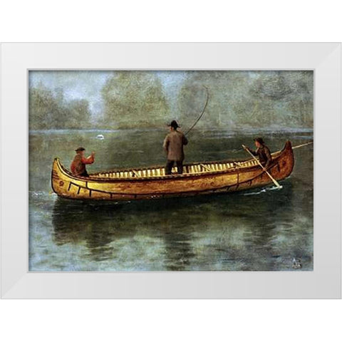 Fishing From a Canoe White Modern Wood Framed Art Print by Bierstadt, Albert