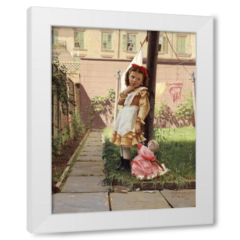 Young Girl In a New York Garden White Modern Wood Framed Art Print by Brown, John George