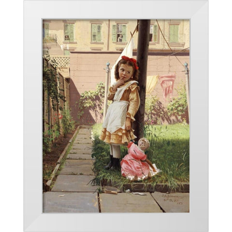 Young Girl In a New York Garden White Modern Wood Framed Art Print by Brown, John George