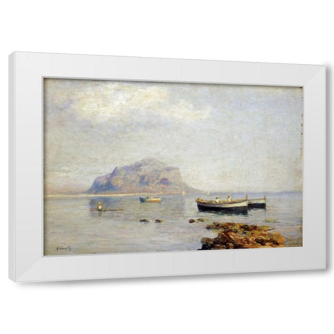 A Calm With Fishing Boats In The Bay of Naples White Modern Wood Framed Art Print by Carelli, Giuseppe