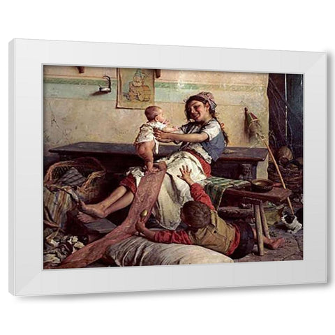 Playing With Baby White Modern Wood Framed Art Print by Chierici, Gaetano