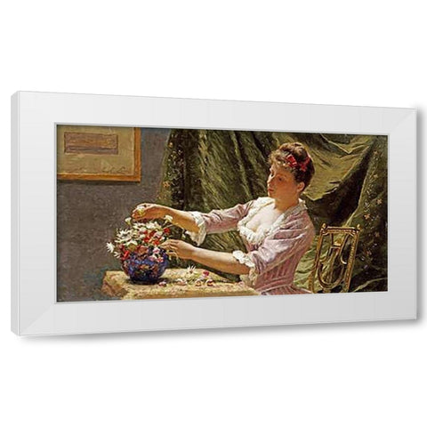 A Young Woman Arranging Flowers White Modern Wood Framed Art Print by Claus, Emile