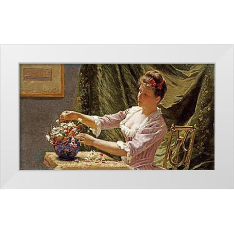 A Young Woman Arranging Flowers White Modern Wood Framed Art Print by Claus, Emile