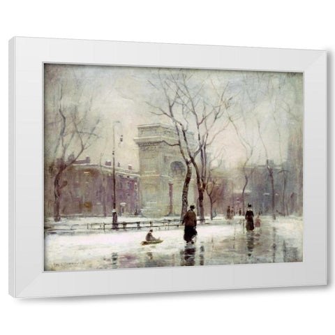 Winter In Washington Square White Modern Wood Framed Art Print by Cornoyer, Paul