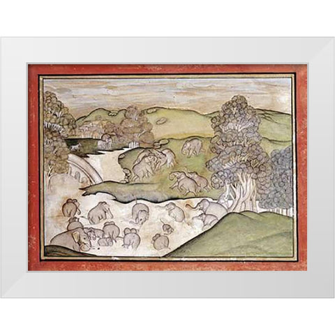 Elephants Bathing White Modern Wood Framed Art Print by Devgarh