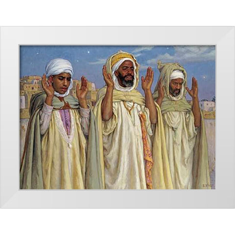Prayers at LAube White Modern Wood Framed Art Print by Dinet, Alphonse-Etienne