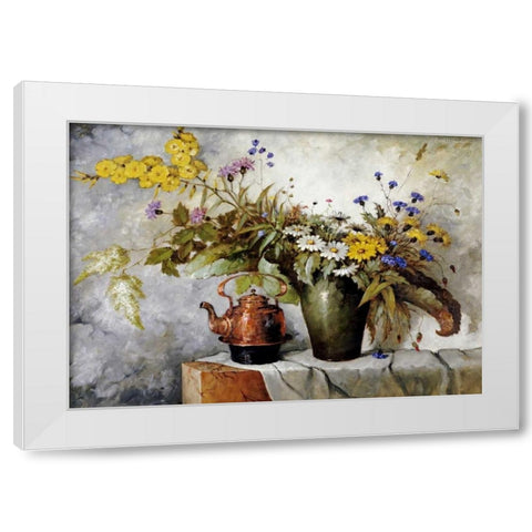 Cornflowers, Daisies and Other Flowers In a Vase White Modern Wood Framed Art Print by Fischer, Carl H.