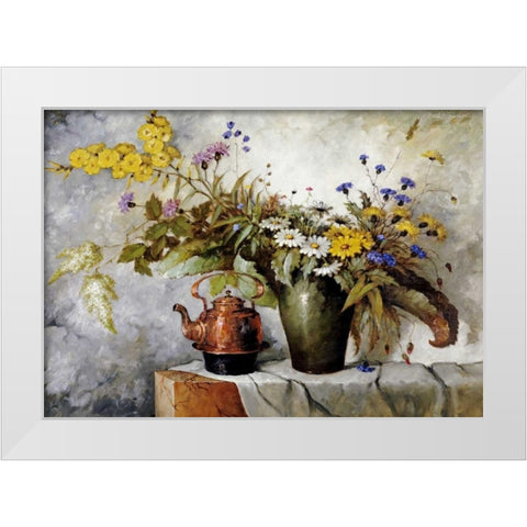 Cornflowers, Daisies and Other Flowers In a Vase White Modern Wood Framed Art Print by Fischer, Carl H.