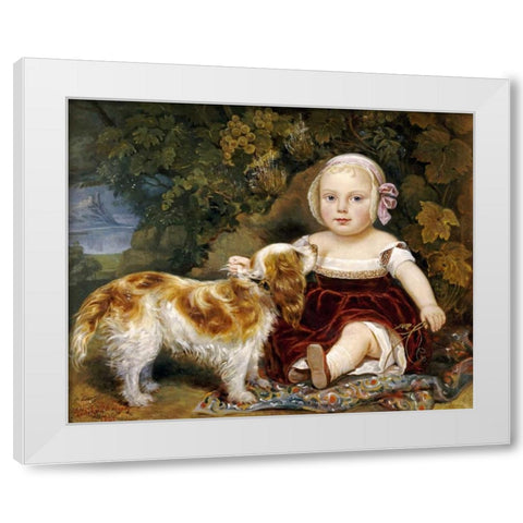 A Young Child With a Spaniel White Modern Wood Framed Art Print by Guillot-Saguez, Amila