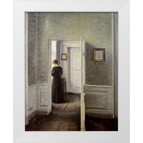 An Interior With a Woman White Modern Wood Framed Art Print by Hammershoi, Vilhelm
