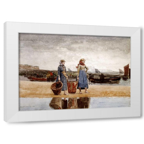 Two Girls on The Beach, Tynemouth White Modern Wood Framed Art Print by Homer, Winslow