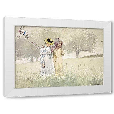 Girls Strolling In An Orchard White Modern Wood Framed Art Print by Homer, Winslow