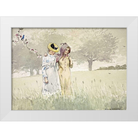 Girls Strolling In An Orchard White Modern Wood Framed Art Print by Homer, Winslow