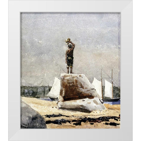 Boy Hailing Schooners White Modern Wood Framed Art Print by Homer, Winslow