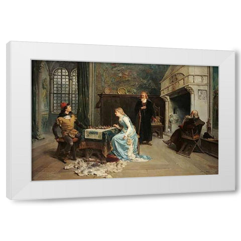 Fernando and Iolanda Playing Chess White Modern Wood Framed Art Print by Induno, Girolamo