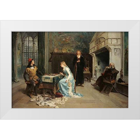 Fernando and Iolanda Playing Chess White Modern Wood Framed Art Print by Induno, Girolamo