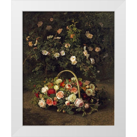 Roses In a Basket Beside a Rose Bush White Modern Wood Framed Art Print by Jensen, Johan Laurents