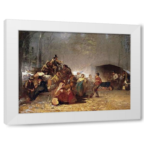 The Party In The Maple Sugar Camp White Modern Wood Framed Art Print by Johnson, Eastman