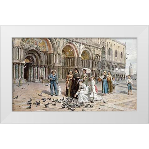 The Pigeons of St. Marks, Venice White Modern Wood Framed Art Print by Kilburne, George Goodwin