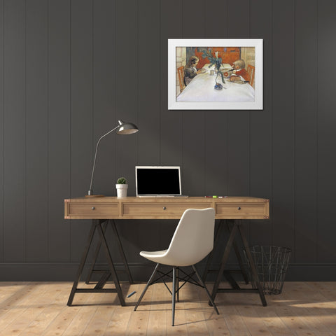 The Evening Meal White Modern Wood Framed Art Print by Larsson, Carl