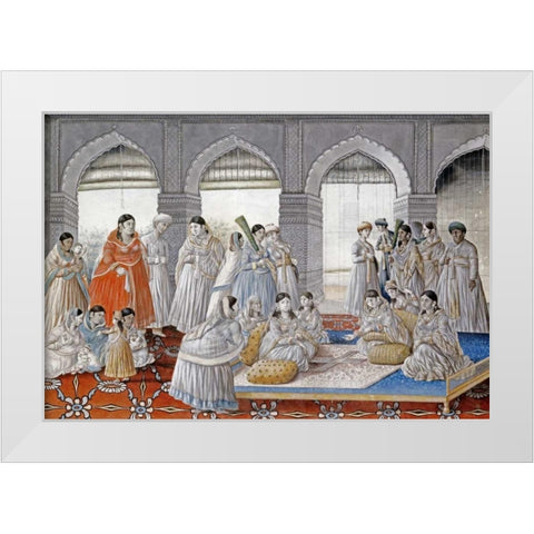 The Royal Harem Playing Pachisi In a Lucknow Palace White Modern Wood Framed Art Print by Lucknow School