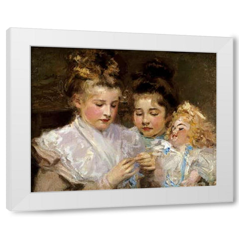 Berthe and Marjorie With Their Doll White Modern Wood Framed Art Print by MacMonnies, Frederic William