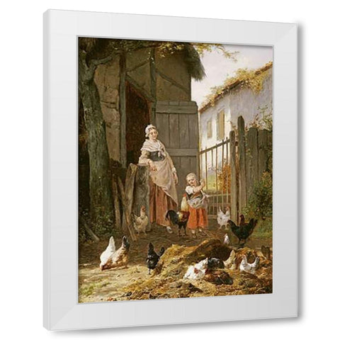 Feeding The Chickens White Modern Wood Framed Art Print by Maes, Eugene Remy