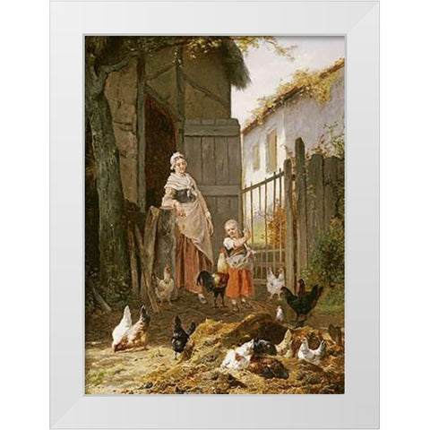 Feeding The Chickens White Modern Wood Framed Art Print by Maes, Eugene Remy