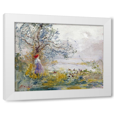 A Peasant Girl and Ducks White Modern Wood Framed Art Print by Mariani, Pompeo