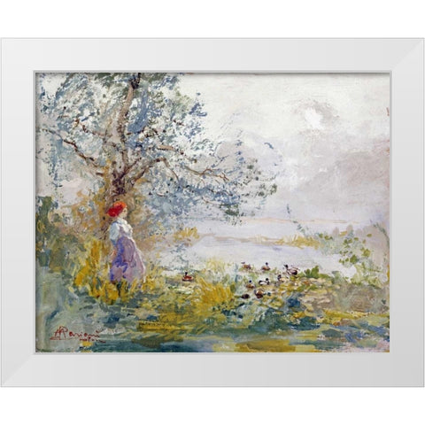 A Peasant Girl and Ducks White Modern Wood Framed Art Print by Mariani, Pompeo