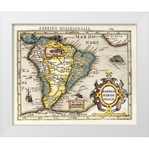 Map of South America White Modern Wood Framed Art Print by Mercator, Gerard