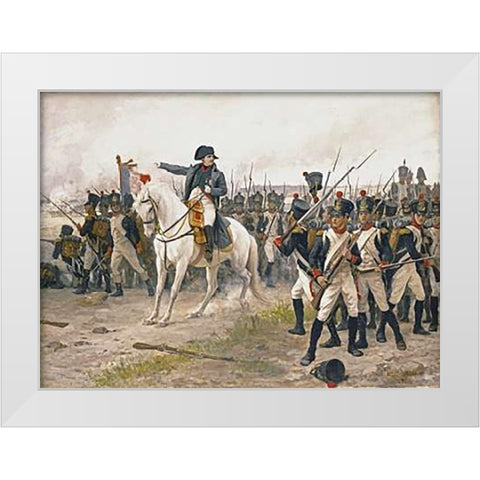 Napoleon at The Battle of Friedland White Modern Wood Framed Art Print by Ponsan, Edouard-Benard-Debat