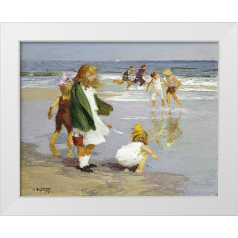 Play In The Surf White Modern Wood Framed Art Print by Potthast, Edward Henry